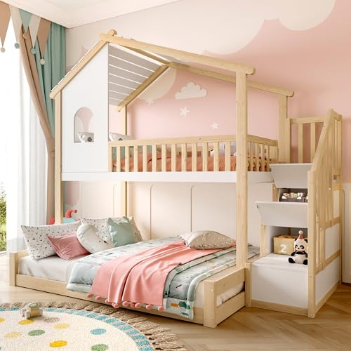 Generisch Etagenbett 90/140x200 cm, Bett mit Gitter, Stockbett mit Stauraumleiter, Holzbett mit Fenster, Bett mit Hausleiste für Jugendliche (Ohne Matratze) Kiefernholz Natur+Weiß
