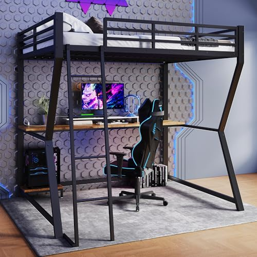 Idemon Hochbett 140x200 cm mit Schreibtisch und LED-Beleuchtung – Loftbett mit Arbeitszone, Steckdose, USB-Anschluss, Treppe & Geländer, ohne Matratze (Schwarz)