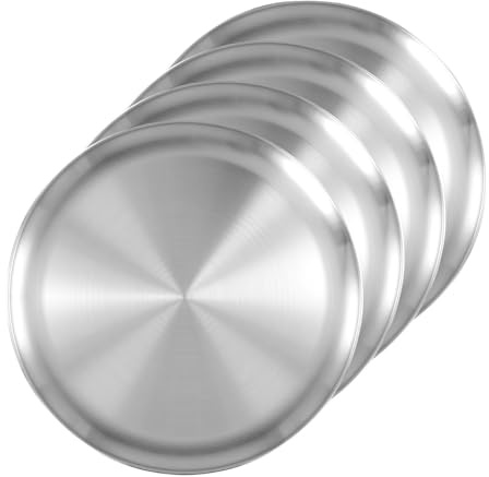 KEILEOHO Stainless Steel Pizza Pan, Round Metal Baking Tray, 30cm, 4 Pack, Display Serving Plate for Coffee