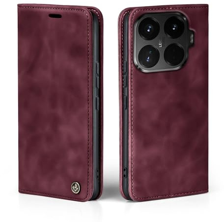 LBH Handyhülle für Xiaomi 15T Pro in Weinrot mit Karten- und Geldfach Smartphone Hülle mit Standfunktion Flip Case Schutzhülle Magnetverschluss Vintage
