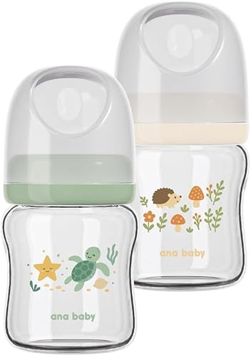 ana baby Pure Glass Bottle Set - 2 Pack | BPA-Free Borosilicate Glass Baby Feeding Bottles with Soft Silicone Teats, Anti-Colic Vented Design | Under the Sea & Woodland Patterns (120ml x 2)