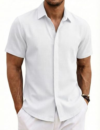 COOFANDY Camicia Uomo Manica Corta Estate 100% Cotone Camicie Uomo Casual Regular Fit Spiaggia Bianco L