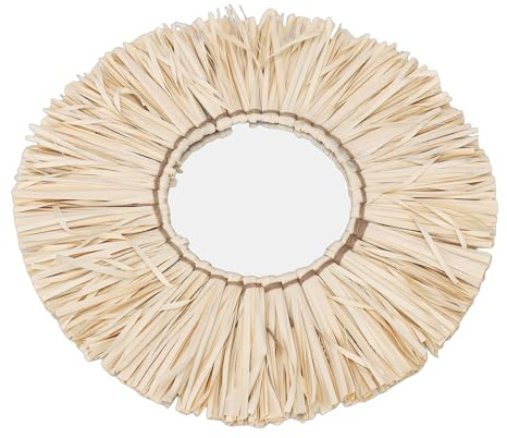 ASHATA Miroir Mural Rond en Paille de Style Nordique, Miroir Suspendu en Paille tissé à la Main avec Pompon pour Décoration Murale Boho