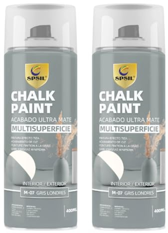SPSIL Chalk Paint Spray Gris Londres 400ml (2 Pcs)-Pintura en Spray Ultra Mate a la Tiza,Efecto Retro y Vintage para Muebles de Madera, Metal,Cerámica,Imprimación en Spray