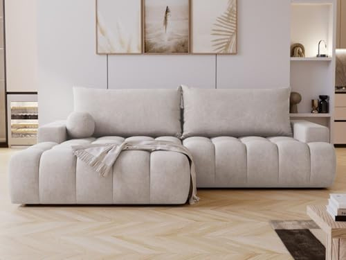 GRAINGOLD Havi Ecksofa 270x170 cm, L-Form Sofa, Ecksofa für Wohnzimmer, Veloursstoff, 4-Sitzer Eckcouch, Ecksofa mit Stauraum und Bettfunktion, Modernes Design (Hellgrau, Links)