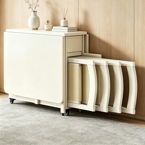 Mesa Plegable Cocina, Mesa Plegable con sillas Dentro, diseño Que Ahorra Espacio, mesas Plegables portatiles, para Cocina Comedor Sala De Estar Restaurante(White)