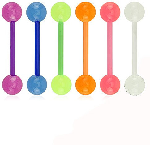 Lot de 6 Piercing Barbell en Acrylique - Flexible - Brille la Nuit - 6 Couleurs - Langue/Arcade