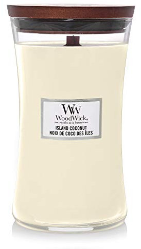Große WoodWick Duftkerze im Sanduhrglas mit knisterndem Docht, Island Coconut, bis zu 130 Stunden Brenndauer