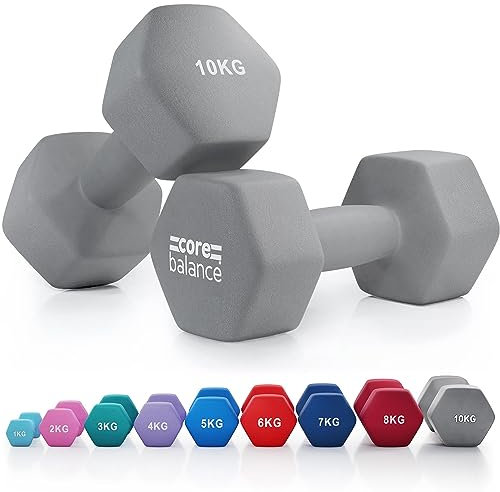 Core Balance 10kg Dumbbell Pair Hex Weight Neoprene Coated Cast Iron Strength Training (Black)