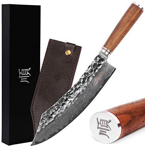 YOUSUNLONG Couteaux à briser 10 pouces Pro Butcher's Knives Japonais VG10 Martelé Damas Acier Noyer Naturel Manche en bois avec étui en cuir