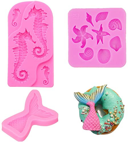 Fondantkuchenformen, 3 Stück Meerjungfrauenschwanz Seepferdchen Muschel Seesternkuchen Fondantformkuchendekoration Backformen (A)