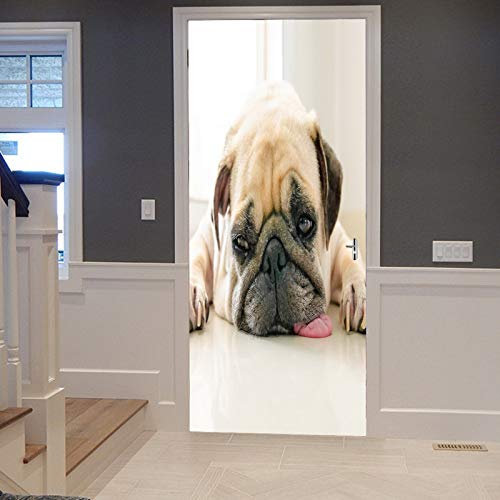 A.Monamour Türtapete Selbstklebend Türfolie Türposter 3D Niedlicher Welpen Mops Hund Mit Zunge Heraus Auf Dem Bodentier Schläft Vinyl Folie Türdeko Tapete Wandbild Türaufkleber Türtattoo 90 x 200 cm