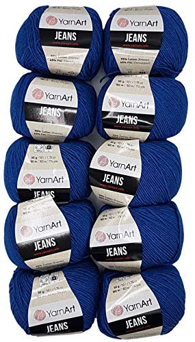 10 x 50g Strickwolle YarnArt Jeans einfarbig mit 55% Baumwolle, 500 Gramm Wolle uni (blau 17)