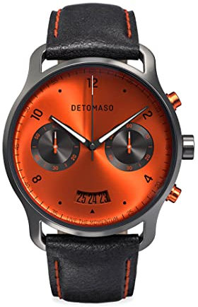 DeTomaso SORPASSO BRIVIDO Grau Orange Herren-Armbanduhr Analog Quarz Lederarmband Schwarz