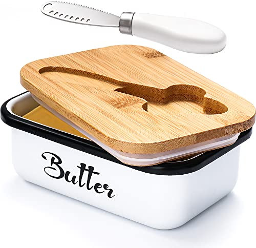 AISBUGUR Beurrier avec couvercle, beurrier pour comptoir, beurrier en métal avec couteau à beurre multifonction en acier inoxydable, grand récipient à beurre avec silicone pour décoration d'intérieur,