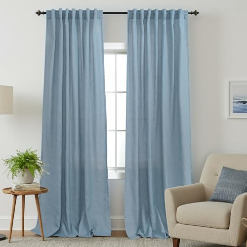 Schieferblaue transparente Vorhänge, 2 Vorhänge mit verdeckten Schlaufen und Stangendurchzug, baumwollähnliches Gewebe aus Leinen-Polyester-Mix, in ausgewaschener Denim-Blau-Optik 132 x 244 cm (B x L)