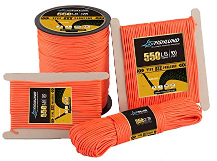 FISHLUND Paracord 550 lb, 7 Strand Type III Paracord Rope 100ft 4mm, Nylon Parachute Cord for Camping, Neon Orange