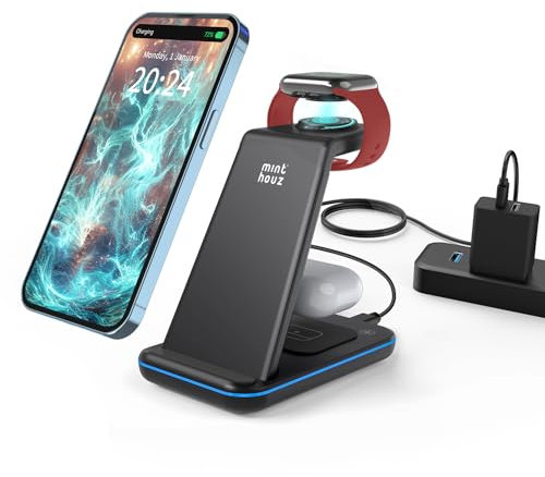 Minthouz Wireless Charger, 3 in 1 Induktive Ladestation mit 20W Adapter für mehrere Geräte Apple Watch S8/7/6/5/4/3/SE2/SE (ONLY), AirPods 3/Pro, Handy Kompatibel mit iPhone 15/14/13/12/11
