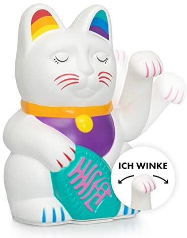 ANGRY CAT Regenbogen Winkekatze - Bunte Lucky Cat in Regenbogen Farben - süße WinkKatze - Katze mit Winke-Arm - dekorative Wackelfigur – Rainbow CAT – 15cm