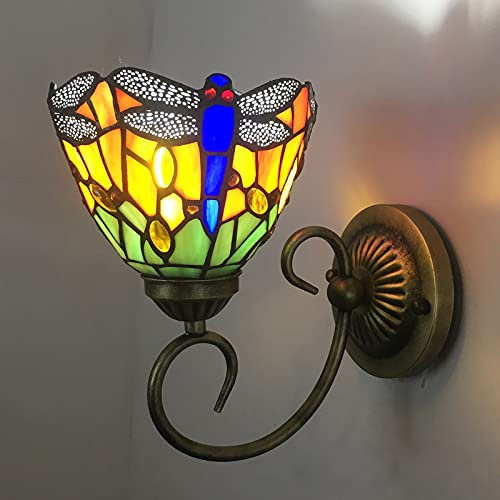 KOLHGNSE Antik Tiffany Wandleuchte innen Wandlampe Buntglasschirm Libelle Wandleuchte LED Glaslampen 60W 220V für estaurant Schlafzimmer Flur Beleuchtung