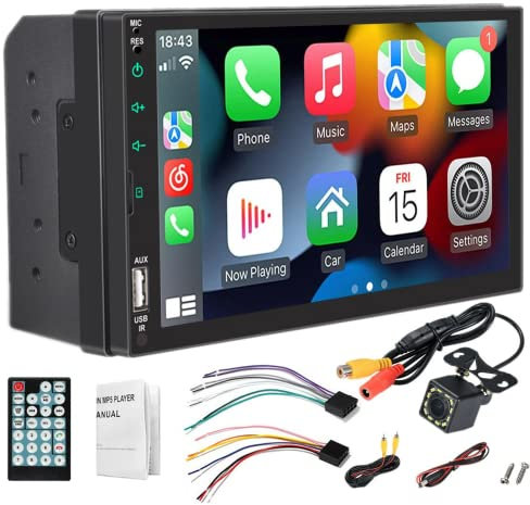 Bluetooth Car Stereo Compatible with Wireless Apple Carplay and Android Auto 7 Inch Double Din Touch Screen Car Radio with USB TF FM AUX IN Port 8LED Reverse Camera Support Mirror Link & Subwoofer