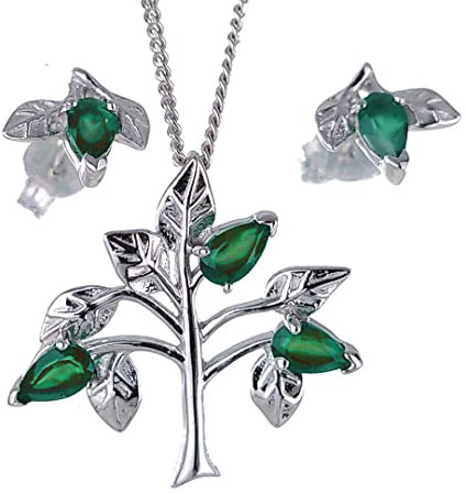 Ojewellery Sterling Silver Onyx Green Necklace Earring Set Tree of Life