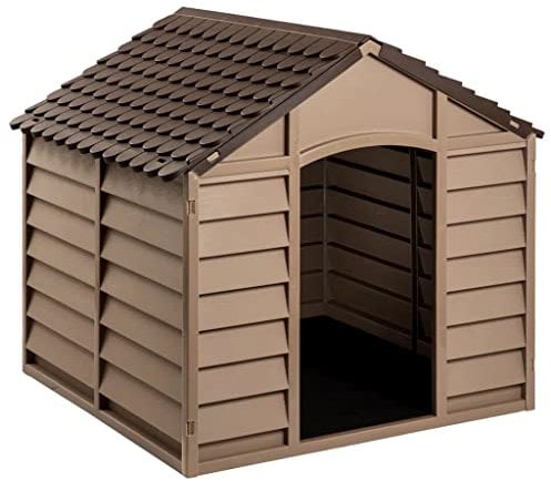 vidaXL Hundehütte, Hundehaus mit UV beständigem Dach, Hundehöhle für draußen mit offenem Eingang, Haustierhaus Haustierhütte, Braun Polypropylen