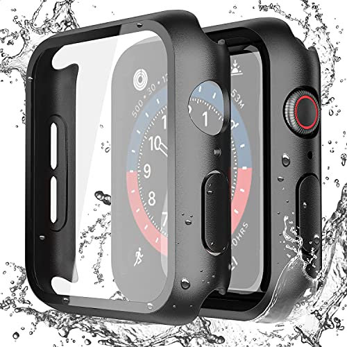 Misxi Schwarz Wasserdichtes Hülle mit Gehärtetem Glas Displayschutz für Apple Watch Series SE 2 (2024) / SE Series 6 Serie 5 Series 4 44mm, Stoßfeste Vollschutz PC Schutzhülle für iWatch, 2-Stück