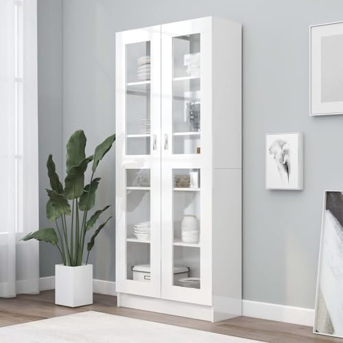 Camerina Vitrinenschrank Hochglanz-Weiß 82,5x30,5x185,5 cm Holzwerkstoff Vitrinenschrank BüCherschrank Mit GlastüRen BüCherschrank Kredenz