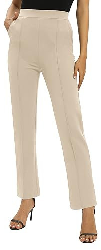 EXCHIC Donne Ufficio Casual Elastico Alta Vita Gamba Dritta Pantaloni con Tasche(S, Caramello)
