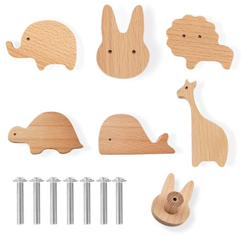 HIQE-FL Tier Holz Schubladengriff,6Pcs Holzknäufe mit Tiermotiven,Holzknöpfe Schrank,dekorative Holz-Kommodenknöpfe mit Schrauben,Knauf Für Schränke (E)