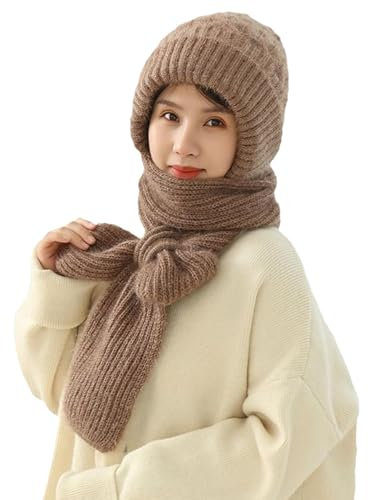 Bonnet Coupe-Vent avec Protection auditive intégrée, écharpe Chaude 2 en 1, Bonnet tricoté épais, Bonnet d'hiver,Kaki