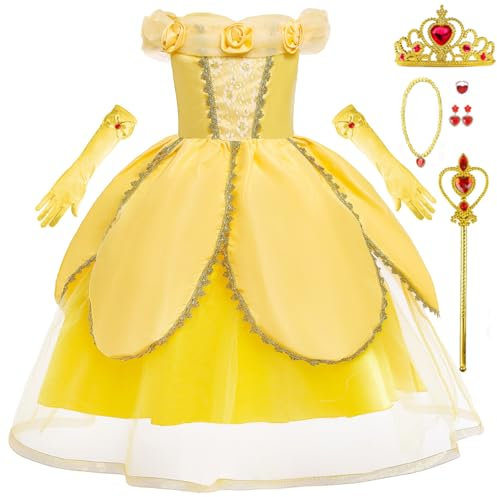 Tyidalin Vestito Principessa Belle Bambina Costume la Bella e la Bestia Ragazza con Accessori Abito da Ballo Giallo per Carnevale Compleanno Natale