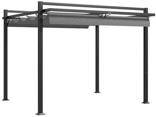 Outsunny 3 x 3(m) Pergola with Retractable Roof Canopy, Aluminium Frame Garden Gazebo Outdoor Sun Shade Shelter for Grill, Patio, Deck, Dark Grey
