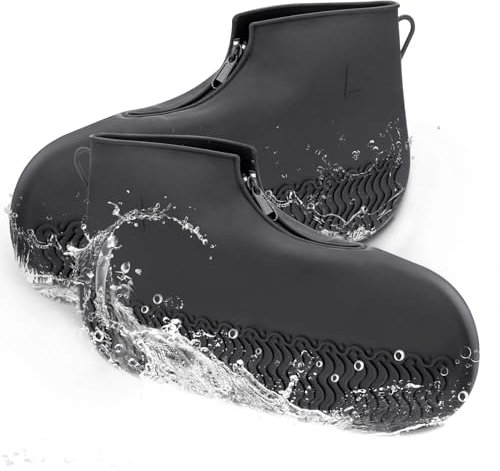 Hejo Wasserdichte Überschuhe, Schuhüberzieher Mehrweg, Regenschutz für Schuhe, Silikon Überschuhe mit Reißverschluss für Regen （Schwarz, L）