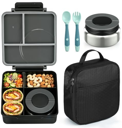 Bento Lunch Box Set for Kids with 8oz Soup Thermo, Leak-Proof Lunch Containers with 4 Compartment, Kids Thermo Hot Food Jar and Insulated Lunch Bag for Kid to School-Black