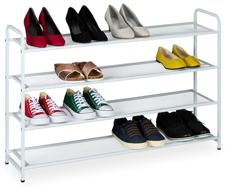 Relaxdays Schuhregal für 16 Paar Schuhe, HxBxT: 65 x 100 x 25,5 cm, Metall Schuhablage, schmal, 4 Ablagen, Flur, weiß