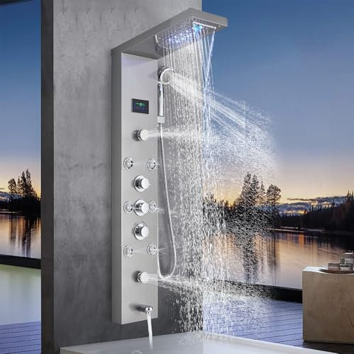 Harnart - Columna de ducha hidromasaje para bañera 6 en 1 con LED, columna de ducha hidromasaje cepillado, acero inoxidable, sistema de panel de ducha de pared