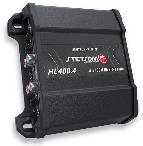 Stetsom HL 400x4 2 Ohms - Amplificatore digitale compatto a 4 canali, 400W RMS 400x4, full range, ingresso alto, guadagno di bassi + 14db (regolazione variabile 30-75hz), multicanale, suono digitale