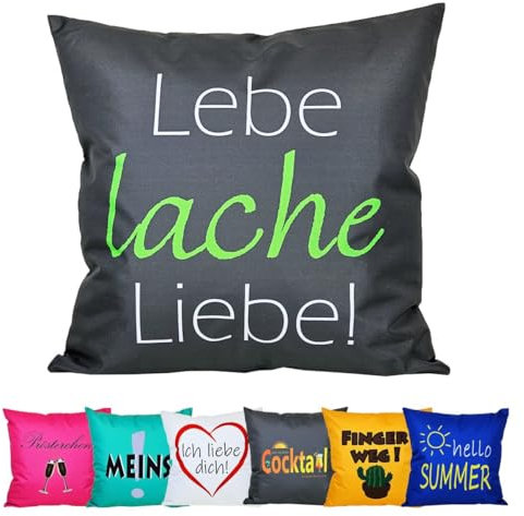 JACK 50x50cm Motiv Outdoor Lounge Kissen Dekokissen inkl. XXL-Füllung Wasserabweisend Sitzkissen Garten Stuhl Lotus Effekt lustig, Farbe:Lebe Lache Liebe