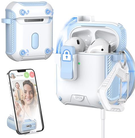 MHYALUDO Kompatibel mit AirPods Hülle Deckung 2/1 Generation, Kompatibel mit Magsafe, Magnetische automatische Verriegelung, Ladeanschluss staubdicht & Standdesign mit Reinigungsset, Himmelblau/Weiß
