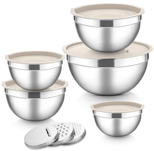 Herogo Rührschüssel 5er Set Khaki, Edelstahl Schüssel mit luftdichten Deckeln, Metall Salatschüssel mit 3 Reibenaufsätzen zum Zubereiten/Backen/Servieren/Aufbewahren/Mixen, Spülmaschinenfest