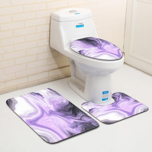 Bad Teppiche Set 3-Teiliges Grau Lila Abstract WC Vorleger Mit Ausschnitt Badematte Saugfähig WC Deckelbezug Badvorleger rutschfest Waschbar Toilettensitzbezug Badgarnitur (45x75cm)