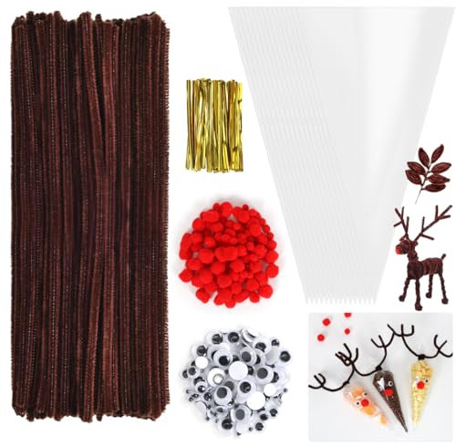600 Stück Pfeifenputzer Braun Set-100 Pfeifenreiniger Braun, 100 Spitztüten Transparent mit 100 Twist Ties, 200 Wackelaugen Selbstklebend, 100 Rote Pompons, für Bonbons Kekse Rentier Tüten