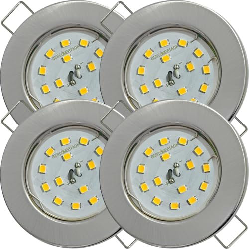 4er Set Flache SMD LED Modul Einbaustrahler | Farbe Edelstahl gebürstet | 5W | 230V | Starr | Klemmring | LED Spots für die Decke mit wenig Einbautiefe | Wohnzimmer | Küche | Schlafzimmer usw.