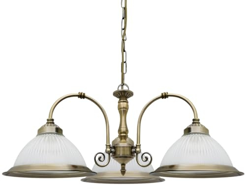 3 Lights Antique Brass Pendant Light Ribbed Glass Lamp Shades Vintage Ceiling Lantern K431