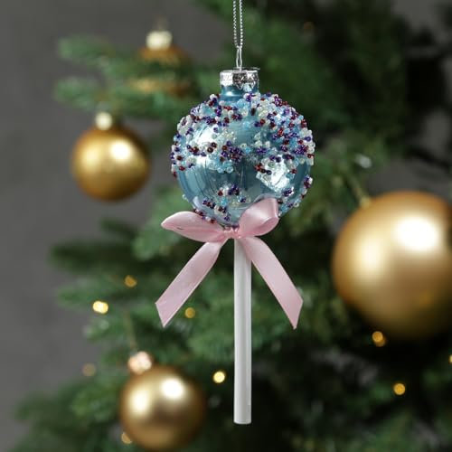 Weihnachtsbaumschmuck Lolli Cake Pop mit Zuckerperlen Glas Christbaumschmuck (Hellblau)