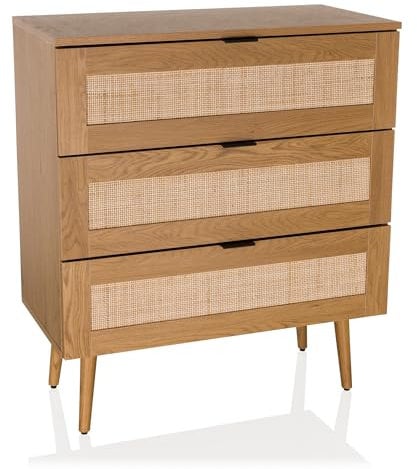 hjh LIVING Kommode mit Rattangeflecht 80x40x90 cm BOHEO K Schrank mit 3 Schubladen, Schubladenkommode mit viel Stauraum, Eiche-Optik