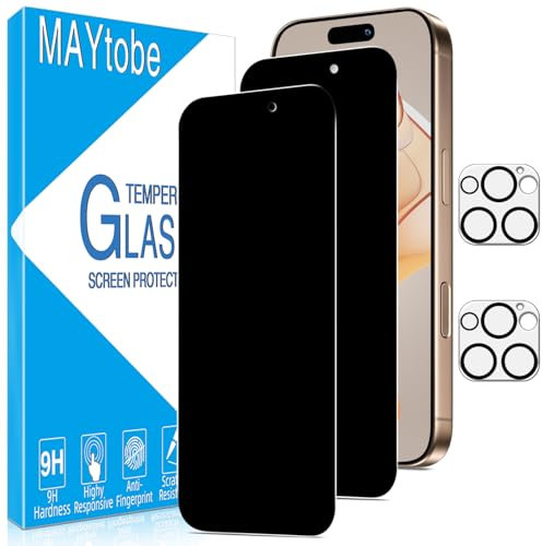 MAYtobe 2 Pack Privacy Screen Protector for iPhone 16 Pro with 2 Pack Camera Lens Protector, Anti Spy Tempered Glass, Case Friendly, Anti-Scratch, Ultra Resistant, Touch Sensitive, No Bubbles