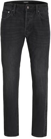 JACK & JONES jeans herr stretch – Tapered jeans herr av stonewashed denim med knapprad, Mid Rise midjeband, 5-ficka, bekväma byxor i blått och svart för vardag och fritid, Svart denim, 33W / 34L